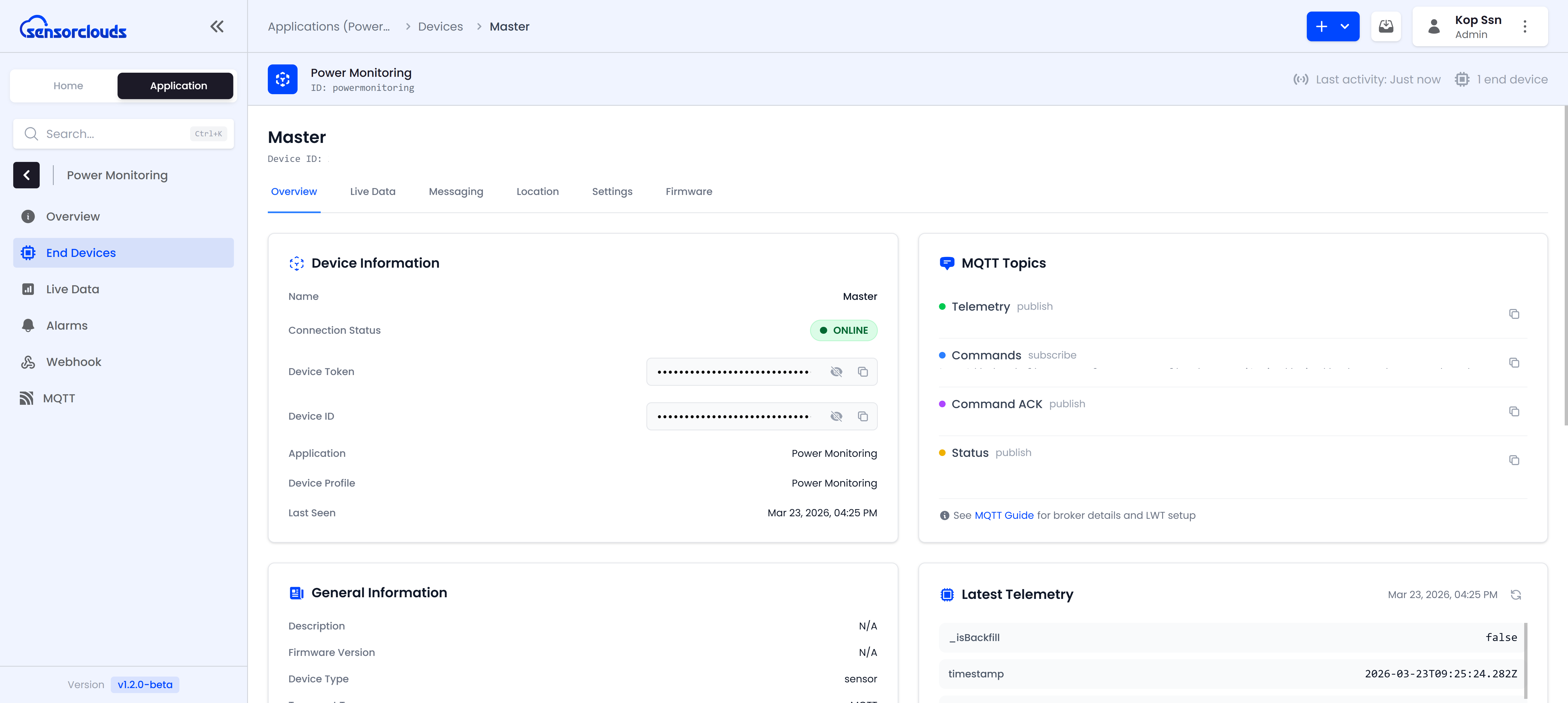Device overview showing connection status, MQTT topics, and telemetry data